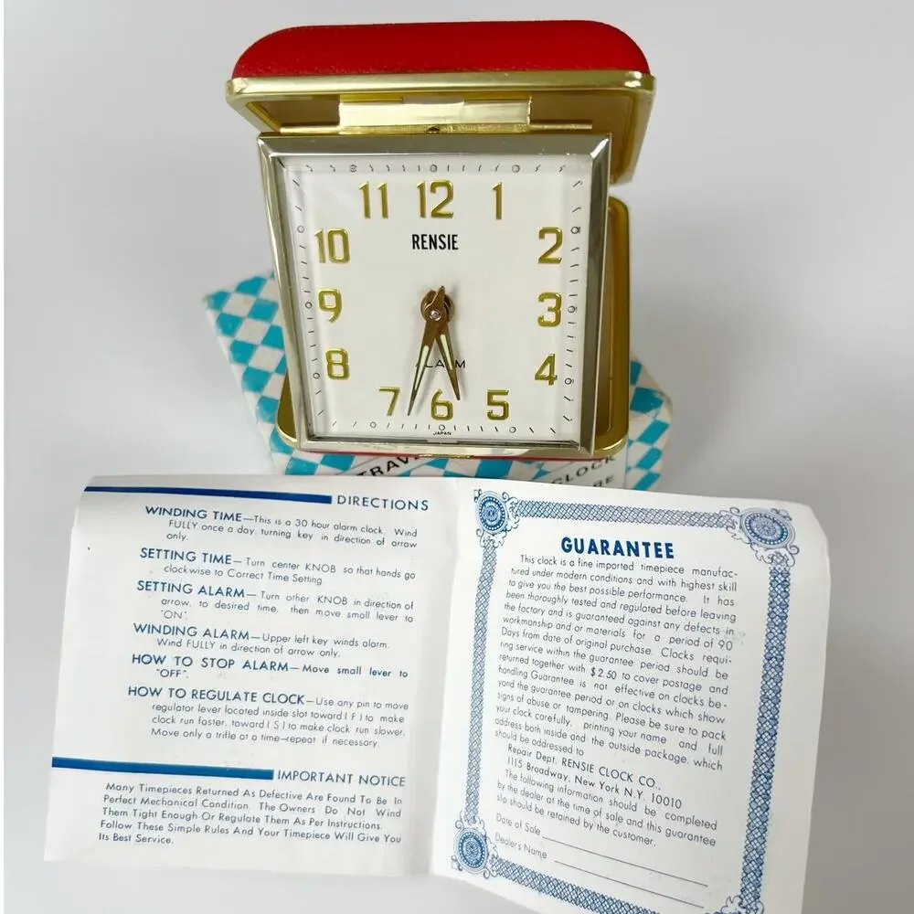 Vintage 1950s Rensie Red Travel Alarm Clock Japan Brass Folding Case Working